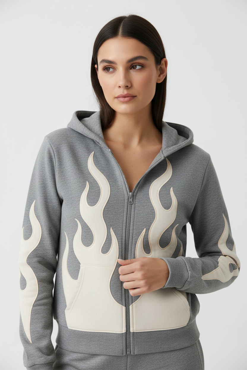 Female Flame Hoodie Cropped Hand on Zipper