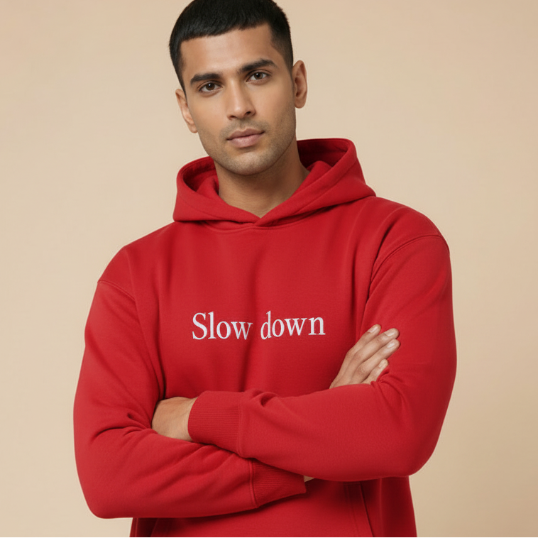 Slow down red hoodie crossed arms pose